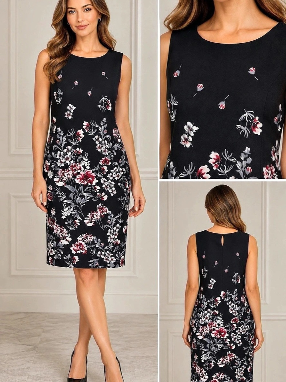 White HOUSE BLACK MARKET Floral Midi Dress in Black & Pink Size Medium